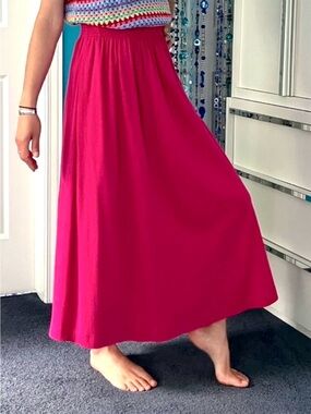 🇨🇦 Vintage Fuchsia Pink Cotton Midi-Maxi Skirt•Elastic Waist •Quiet Luxury Ports